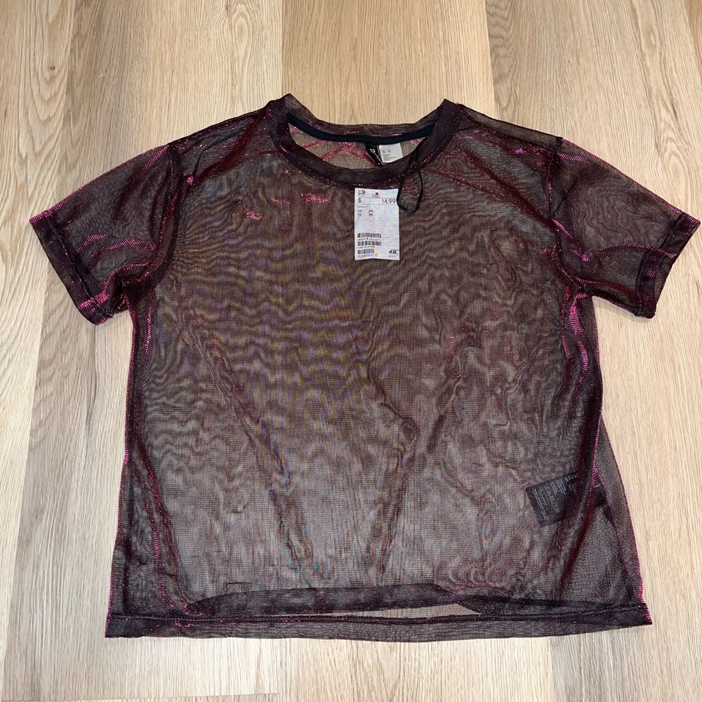 Pink and black metallic mesh top